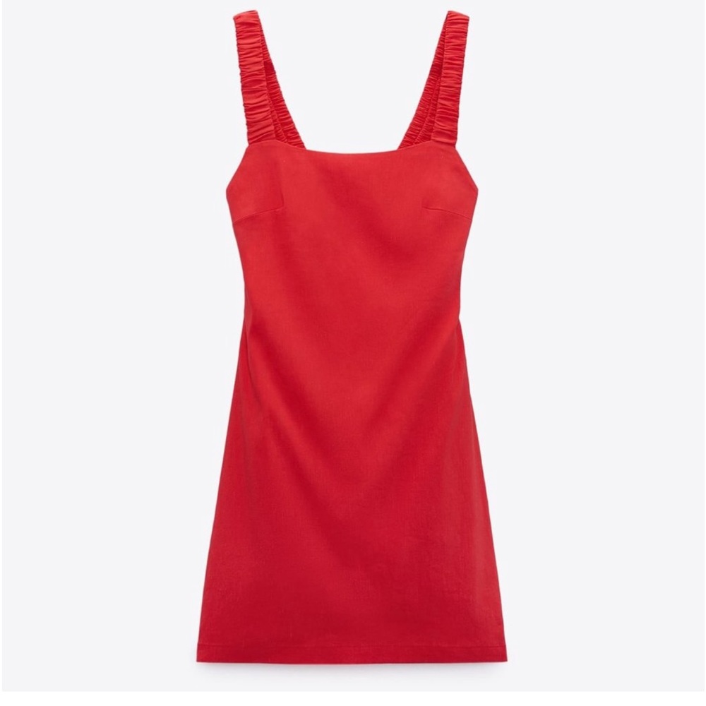 ZARA RUCHED LINEN BLEND TANK DRESS